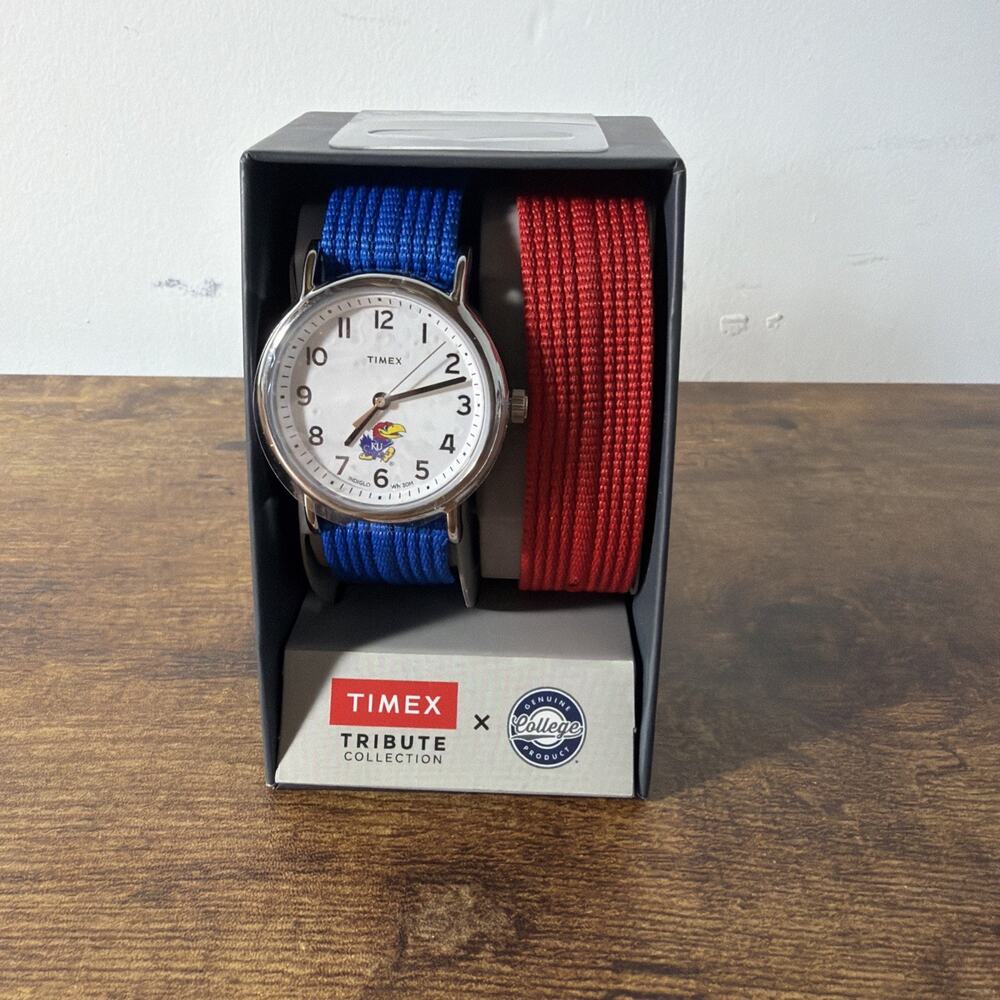New Kansas Jayhawks Timex Tribute Weekender 38mm watch Changeable Band Blue Red